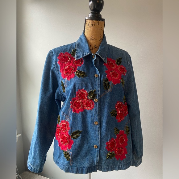 Tantrums Jackets & Blazers - Tantrums Sz S Women’s Blue Denim Jacket with Red Floral Embroidery
